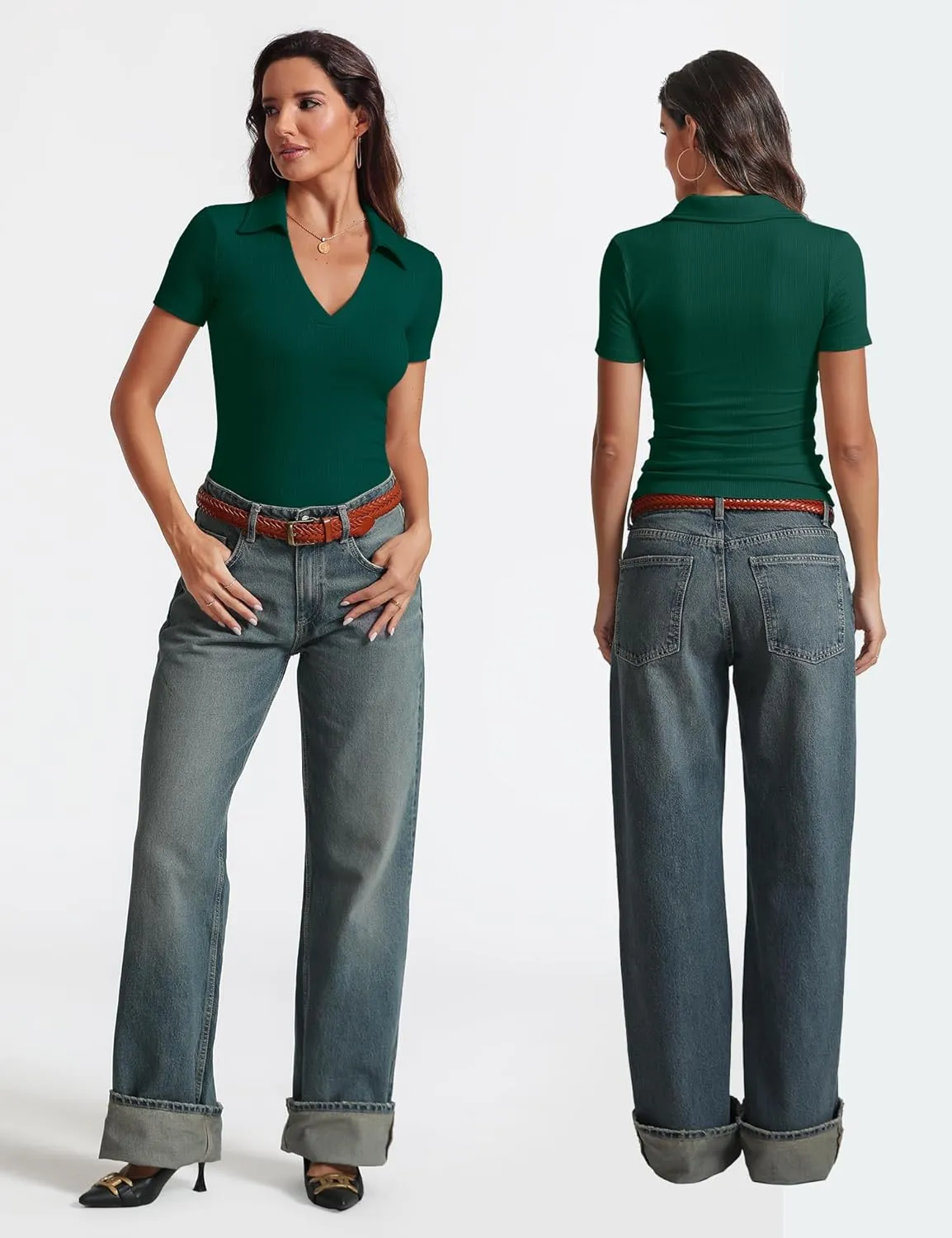 Womens Short Sleeve Business Casual Tops Summer V Neck Polo Work Shirts 2025 Fitted Basic Collared Shirt