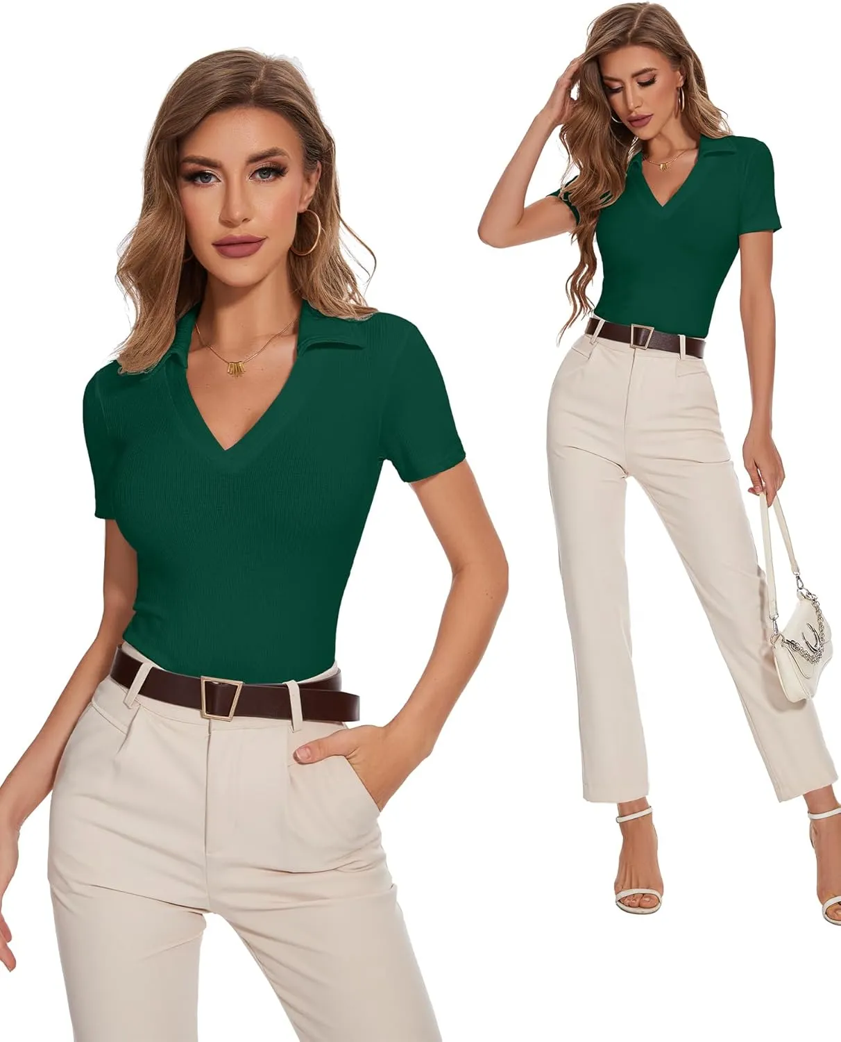 Womens Short Sleeve Business Casual Tops Summer V Neck Polo Work Shirts 2025 Fitted Basic Collared Shirt
