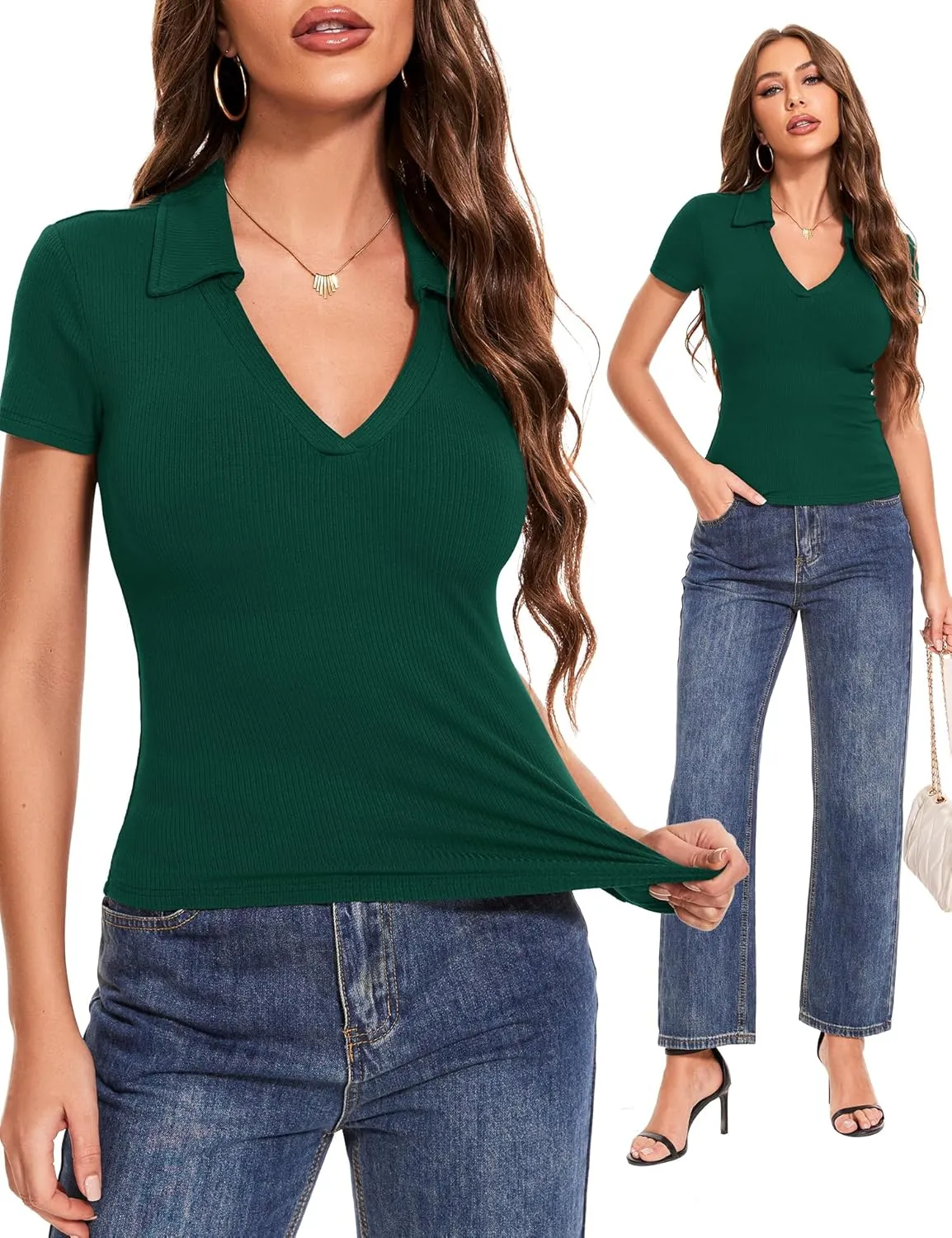 Womens Short Sleeve Business Casual Tops Summer V Neck Polo Work Shirts 2025 Fitted Basic Collared Shirt