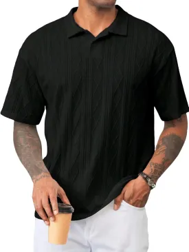 ZAFUL Men's Polo Shirts Textured Short Sleeve Golf Shirt Openwork Casual Cuban Geometric Jacquard T-Shirt
